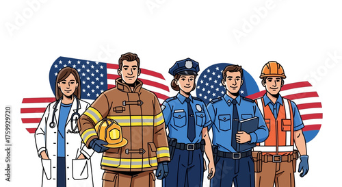 Diverse group of essential workers including doctor, firefighter, police officers, and construction worker with American flag elements.