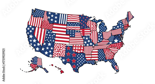 USA map filled with American flag patterns for each state, including Alaska and Hawaii.