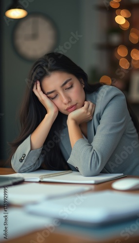 Exhausted woman resting her head on her hand at a cluttered desk