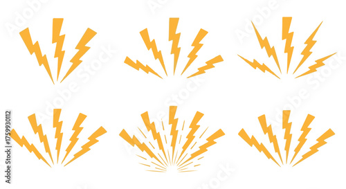 A collection of six yellow lightning bolt bursts radiating outwards, isolated on transparent background