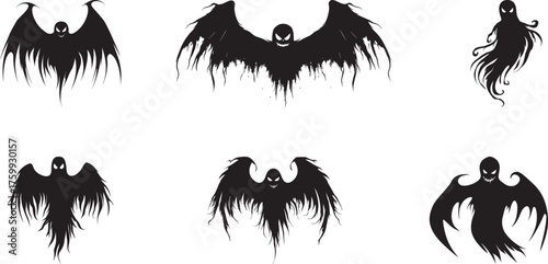 A collection of black and white ghost silhouettes with varying wing and body designs.