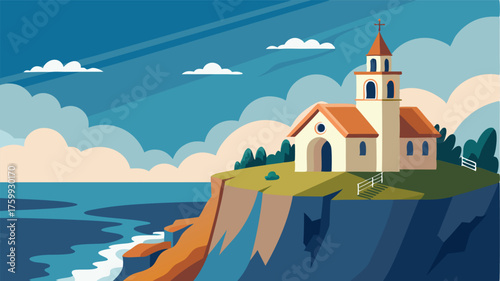 A quaint chapel perched on the edge of a cliff overlooking a peaceful fishing village below. The sound of church bells mixes with the crashing waves creating a soothing melody that