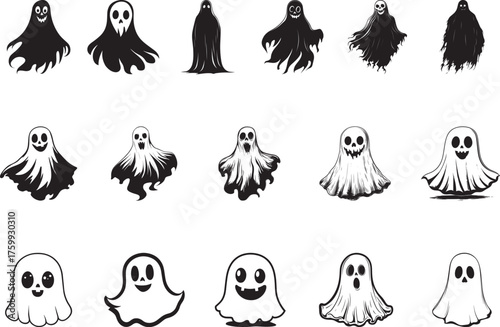 A collection of black and white ghost illustrations.