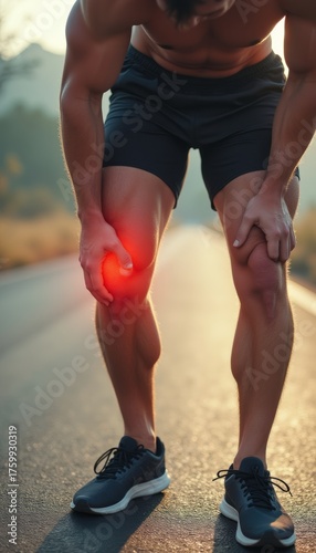 Athletic man experiencing knee pain on a sunlit road