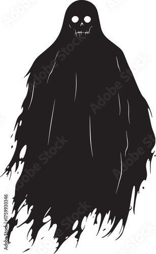 A black silhouette of a ghost with a skull face and long, flowing black cloak vector illustration