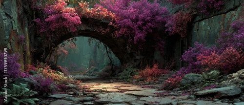 Old stone arch covered with colorful pink and purple flowers and greenery. Use this for fantasy, travel, or fairytale designs with a magical quality.