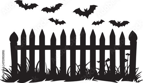 A black and white silhouette of a fence with bats flying around it.