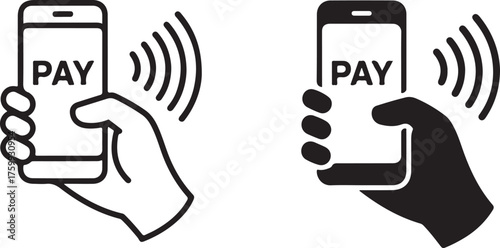 Hand holding phone with pay symbol and wireless signal mobile device