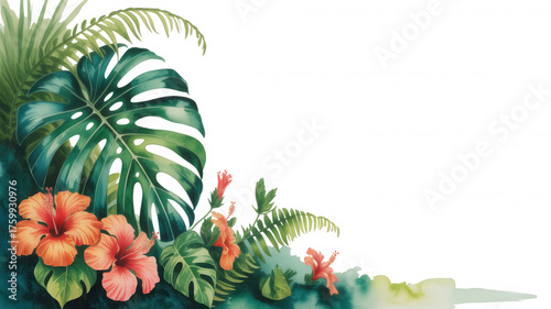 Watercolor tropical foliage with vibrant coral hibiscus flowers and monstera transparent background