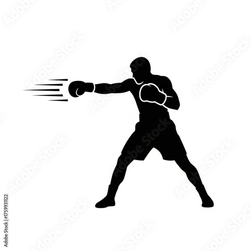 Dynamic black and white silhouette of a boxer throwing a powerful punch, concept of strength, sport and fitness in simple, clean, modern athletic graphic design