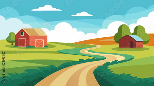 A dirt road winds through a peaceful countryside passing by a of weathered farm buildings and a pond.