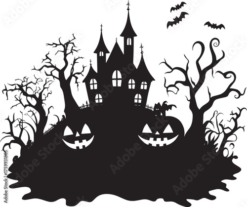 A spooky Halloween scene with a castle, pumpkins, bats, and trees.
