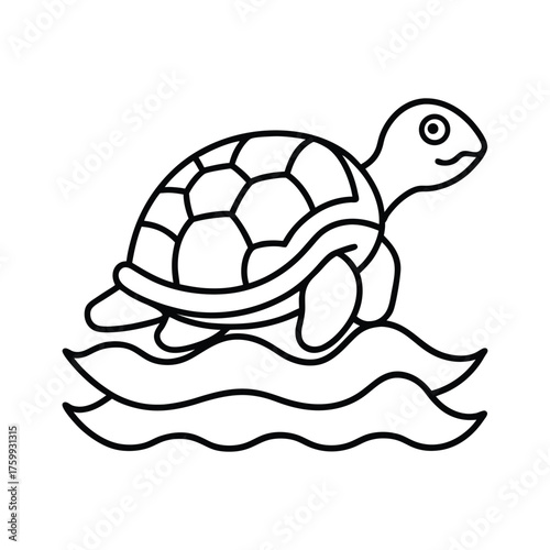 Blackandwhite line drawing of a turtle floating on stylized waves. Editable stroke line  icon