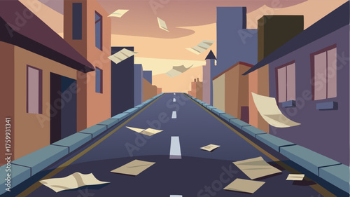 A quiet street with no signs of human activity the only sound being the rustling of papers in the breeze.