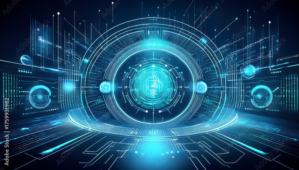 Obraz premium futuristic abstract technology interface with data processing and cybersecurity visualization