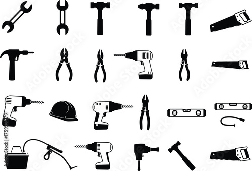 Construction and repair tools silhouette set, hammer wrench saw drill pliers and helmet illustration, vector icons for industrial and mechanical work design