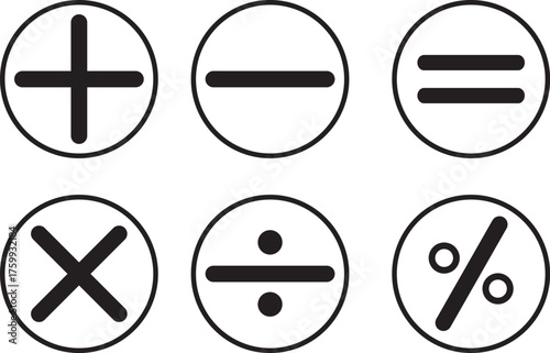 Basic mathematical icon set. Subtraction and addition sign. Minus, Plus, Multiply,Division,Equals symbol