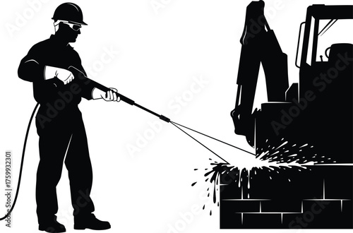 Construction worker using high-pressure washer, cleaning concrete surface, safety gear, industrial site, powerful water jet, debris flying, black and white vector illustration