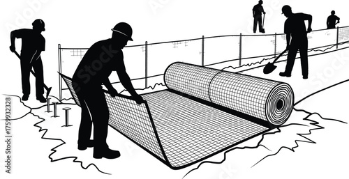 Construction workers installing geogrid mesh, soil stabilization process, trench reinforcement, erosion control, civil engineering site, silhouette vector illustration, ground preparation tools
