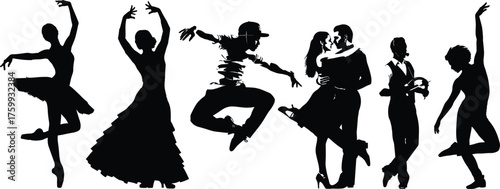 Dance silhouette vector illustration, ballet flamenco hip-hop ballroom folk contemporary styles, black dancer poses, cultural movement art, isolated white background, editable AI file