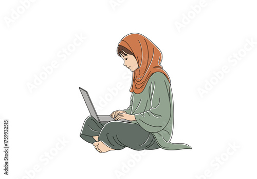 Young Muslim woman sitting on floor using laptop and working  