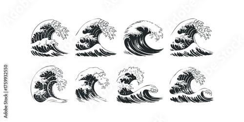 Collection of Dynamic Crashing Ocean Waves Sketch