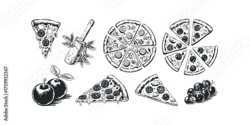 Assortment of pizza slices with toppings and fresh fruit