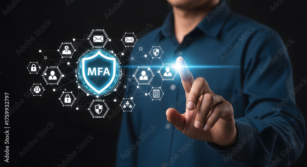 Naklejka premium Man interacting with digital multi factor authentication security shield