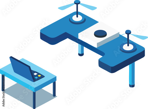 Sleek isometric drone illustration vector graphic hovering above desk design