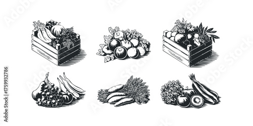 Assortment of Fresh Produce in Wooden Crates and Piles