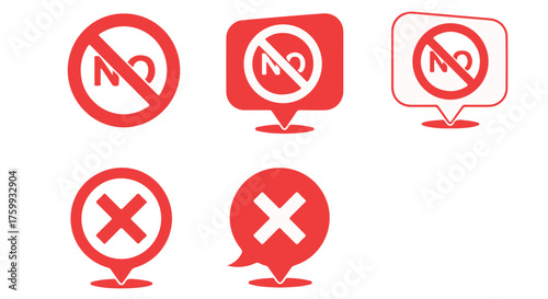 Set of red no and cross symbols in various shapes isolated on transparent background