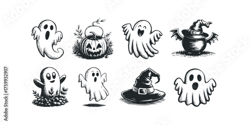 Set of playful hand-drawn Halloween ghosts and pumpkin