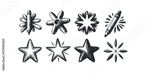 Eight hand drawn star and spike shapes