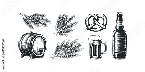 Hand drawn vintage beer ingredients and beverage