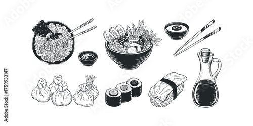 Hand Drawn Asian Food Collection With Noodles Sushi Dumplings