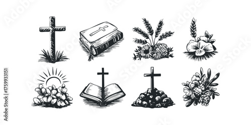 Religious Symbols Including Cross and Flowers Montage