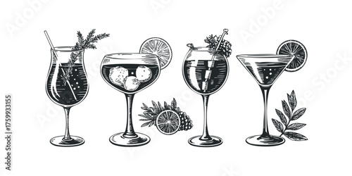Four stylized alcoholic drinks in glass