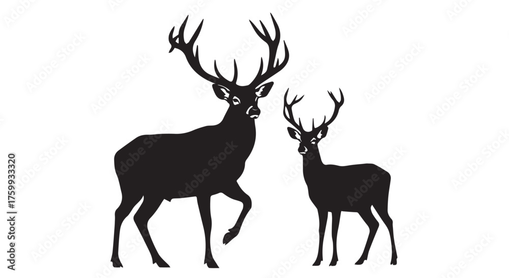 Obraz premium Two deer silhouettes, one large stag and one smaller deer, isolated on transparent background