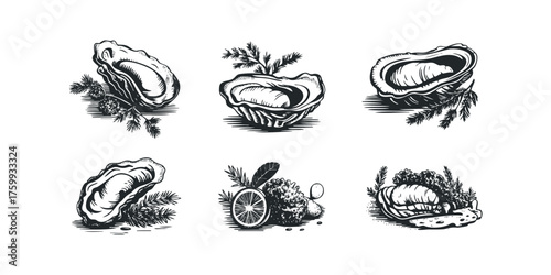 Oysters with Greens and Citrus Slice Woodcut Style