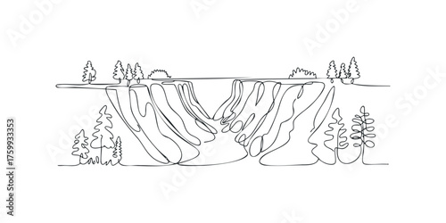Continuous line drawing of a majestic canyon landscape with scattered trees
