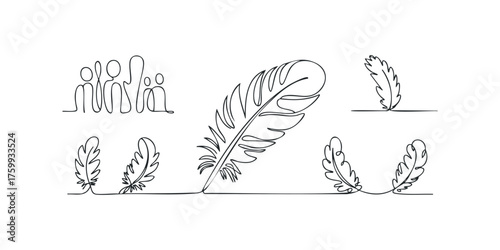 Continuous line drawings of feathers and people grouping