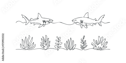 Continuous line drawing of two sharks swimming near underwater plants