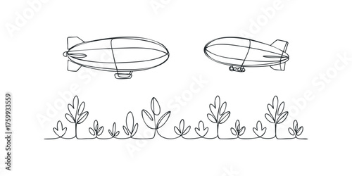 Two line art blimps fly above stylized organic foliage