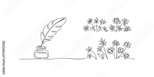 Continuous Line Drawing of Feather Quill in Inkwell with Flowers