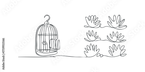 Single line drawing of birdcage and abstract shapes