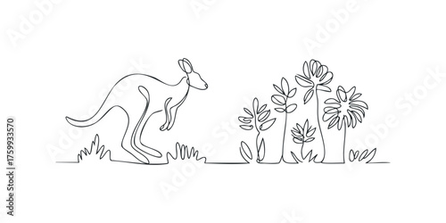 Single line drawing of kangaroo hopping near sparse foliage