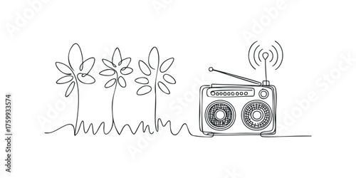 Minimalist line drawing of a portable radio with flowers