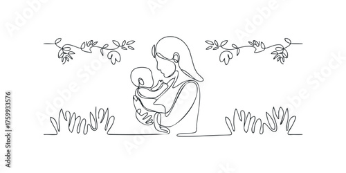 Mother holding baby in continuous line drawing