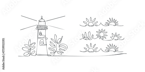 Continuous line drawing of a lighthouse and suns over waves