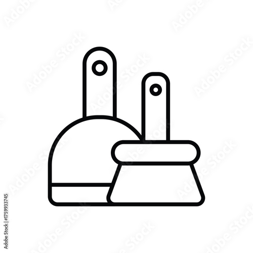 Two cleaning tools are illustrated One is a dustpan the other a brush Both have handles with holes. Editable stroke line  icon